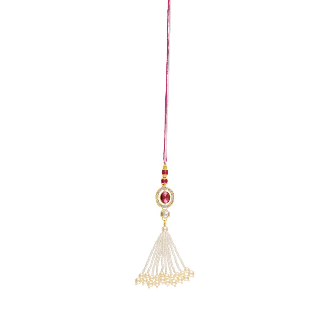 Mahi Red Kundan Centerpiece with Artificial Pearl Tassels & Golden Accents Lumba Rakhi for Bhabhi (RAL1100843G)