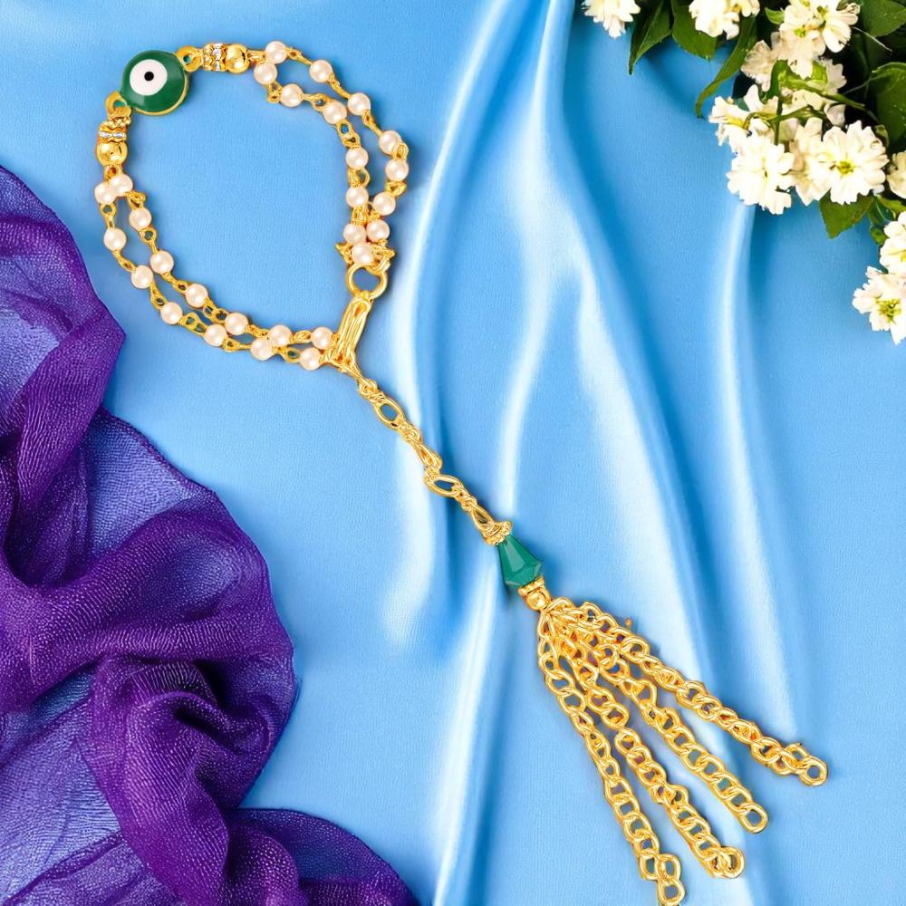 Mahi Elegant Evil Eye Lumba Rakhi for Bhabhi | Artificial Pearl Chain Bracelet with Green Charm & Gold Chain Tassel (RAL1100844G)