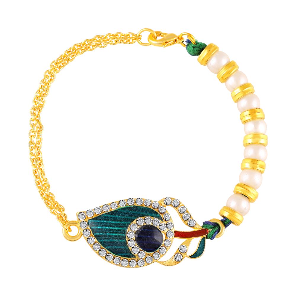 Mahi Peacock-Feather-Shaped Lumba Rakhi for Bhabhi | Artificial Pearl Beaded Bracelet with Stone-Studded & Enamel (RAL1100851G)