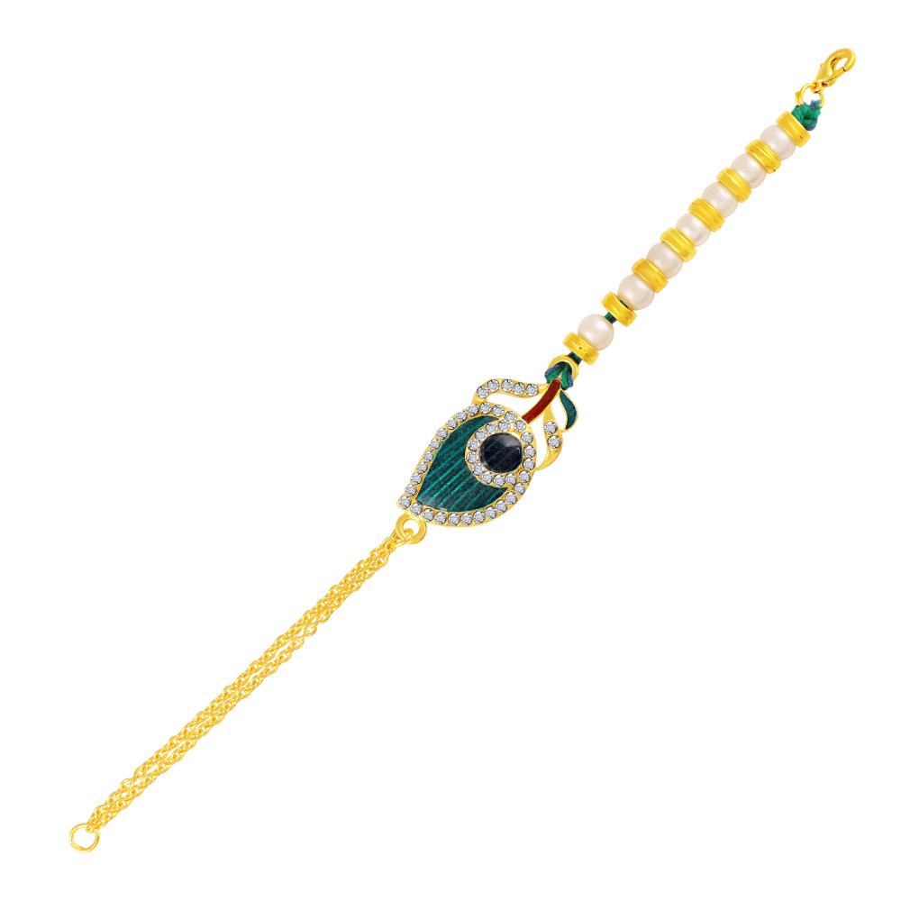 Mahi Peacock-Feather-Shaped Lumba Rakhi for Bhabhi | Artificial Pearl Beaded Bracelet with Stone-Studded & Enamel (RAL1100851G)
