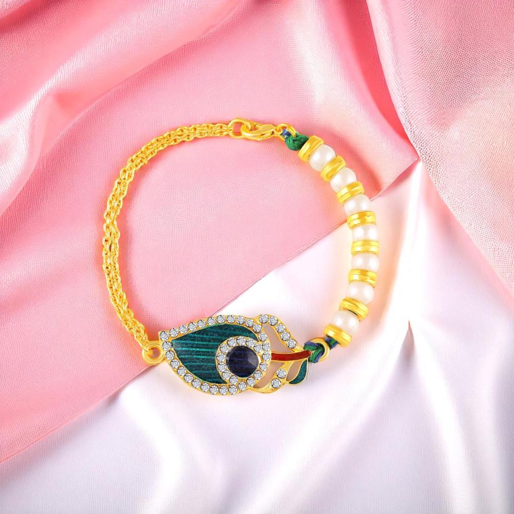 Mahi Peacock-Feather-Shaped Lumba Rakhi for Bhabhi | Artificial Pearl Beaded Bracelet with Stone-Studded & Enamel (RAL1100851G)