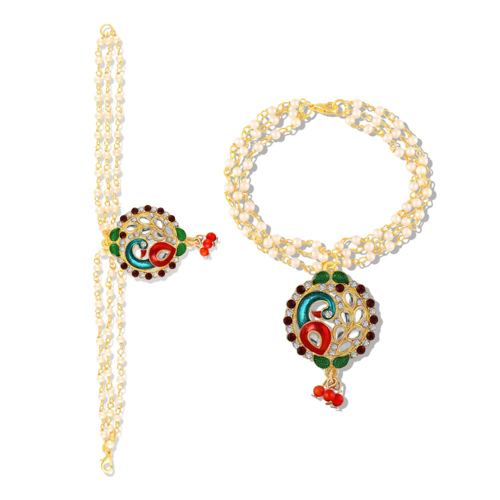 Mahi Traditional Multicolor Peacock-Shaped Lumba Rakhi for Bhabhi | Artificial Pearl Chain Bracelet with Meenakari Work (RAL1100852G)