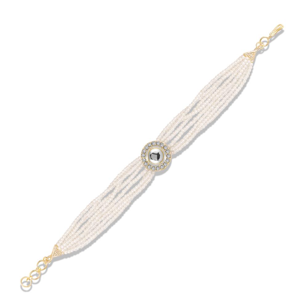 Mahi Elegant White Artificial Pearl Lumba Rakhi for Bhabhi | Multi-Strand Bracelet with Crystal Centerpiece & Gold Finish (RAL1100853G)