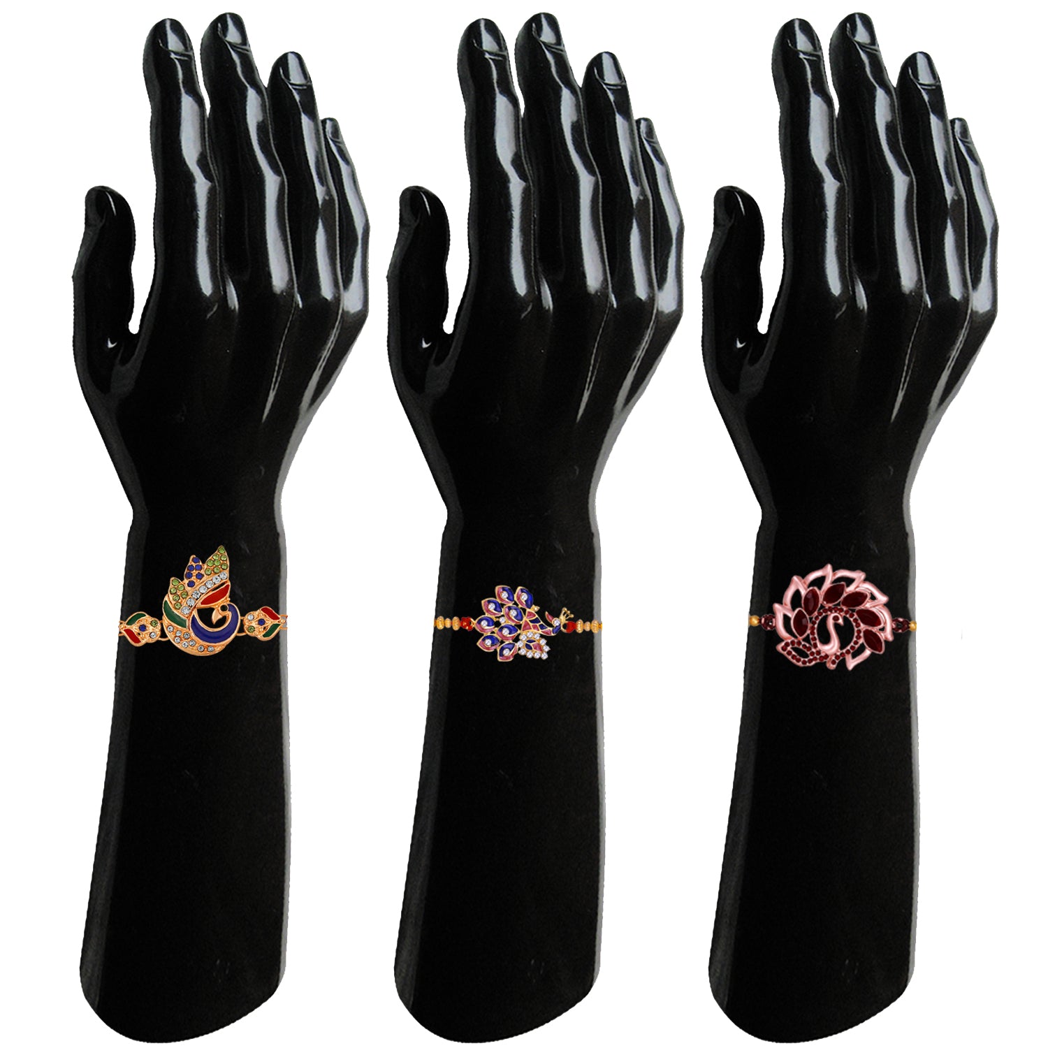 Mahi Combo of 3 Charming Peacock Shaped Rakhis with Meenakari Work and Crystals for Brothers (RCO1105534M)