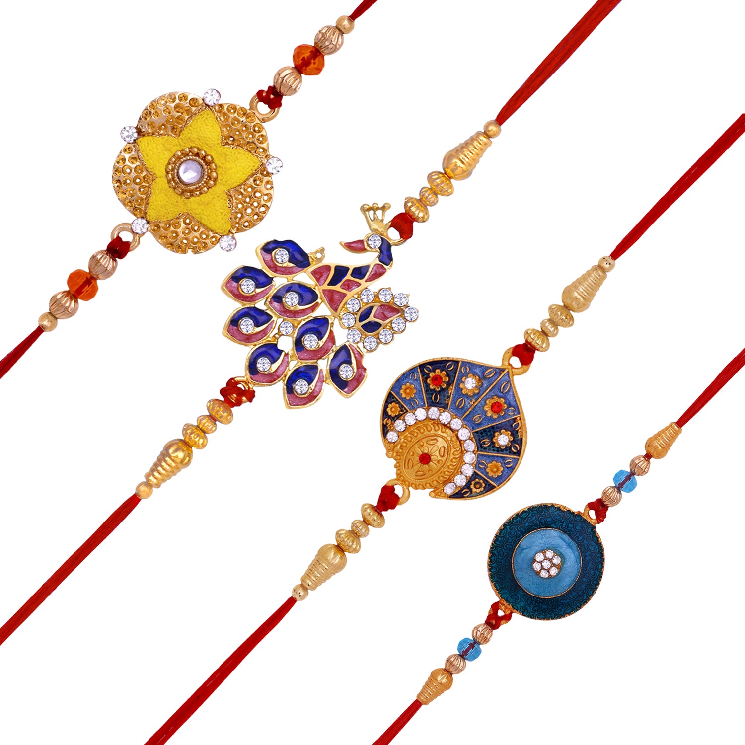 Mahi Rakhi Multicolor Combo of 4 Beautiful Rakhi Set with Meenakari Work and Crystals for Men (RCO1105540G)