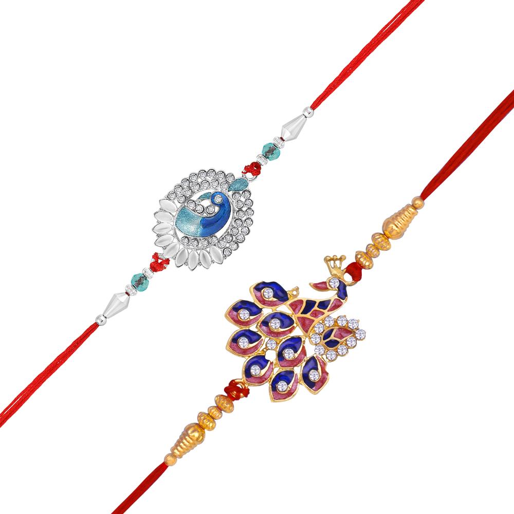Mahi Peacock-Shaped Rakhi Combo for Brother | Set of 2 Rakhis with Meenakari Work, Crystals & Red Thread (RCO1105814M)