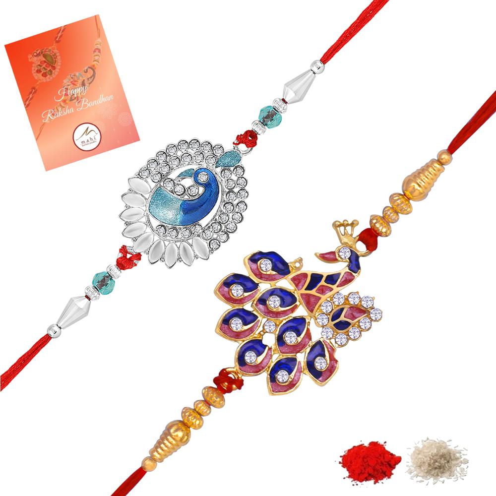 Mahi Peacock-Shaped Rakhi Combo for Brother | Set of 2 Rakhis with Meenakari Work, Crystals & Red Thread (RCO1105814M)