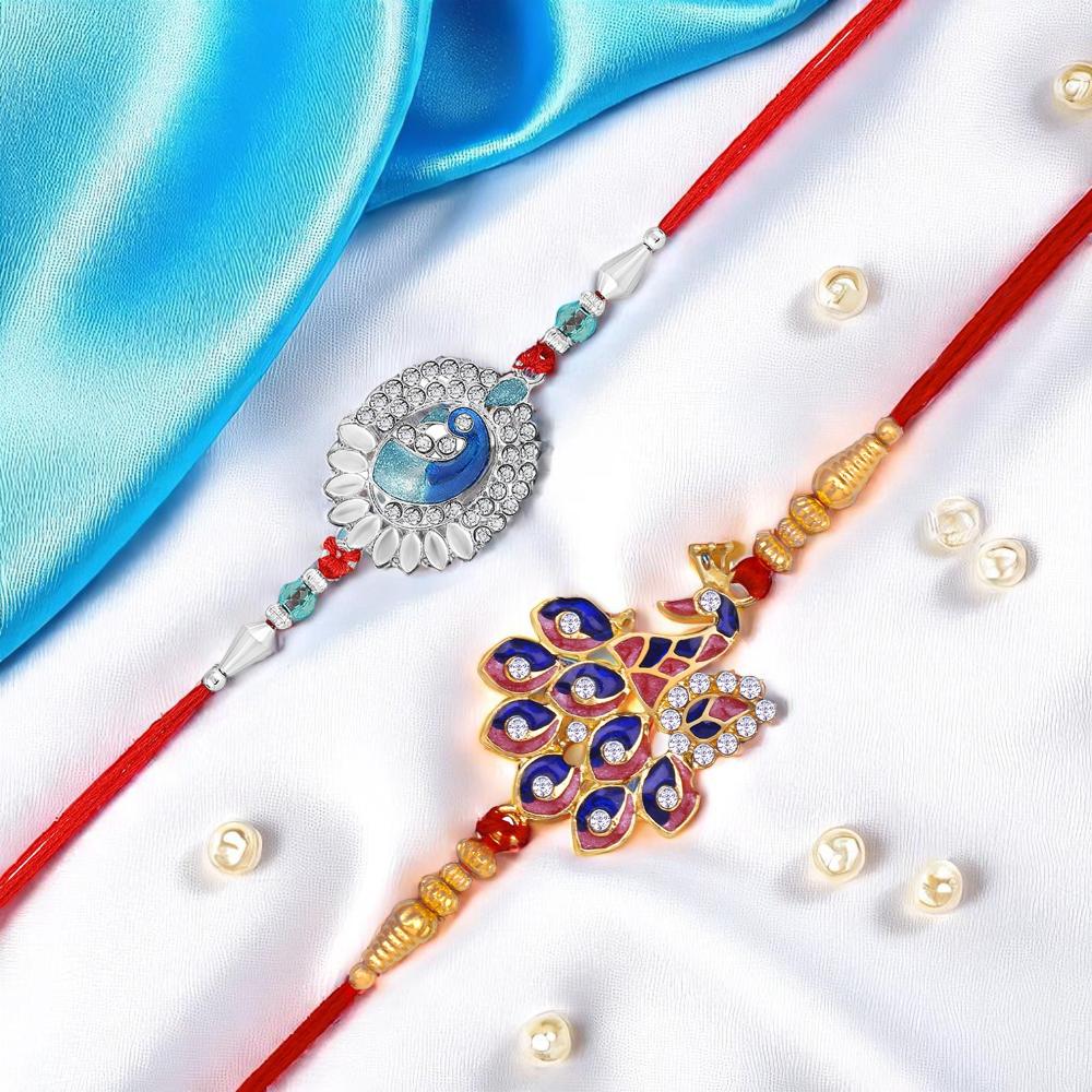 Mahi Peacock-Shaped Rakhi Combo for Brother | Set of 2 Rakhis with Meenakari Work, Crystals & Red Thread (RCO1105814M)