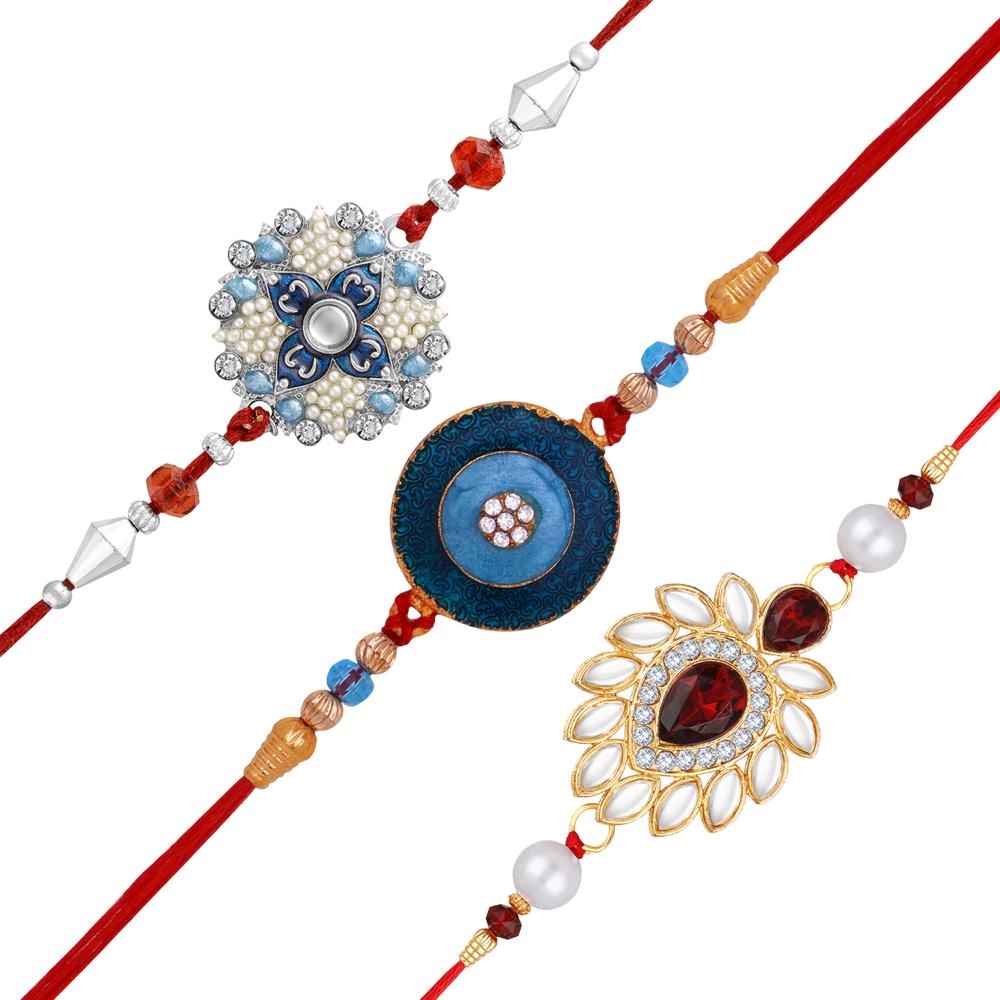 Mahi Combo of 3 Elegant Artificial Pearl, Crystals & Enamel Work Rakhis on Red Thread (RCO1105816M)
