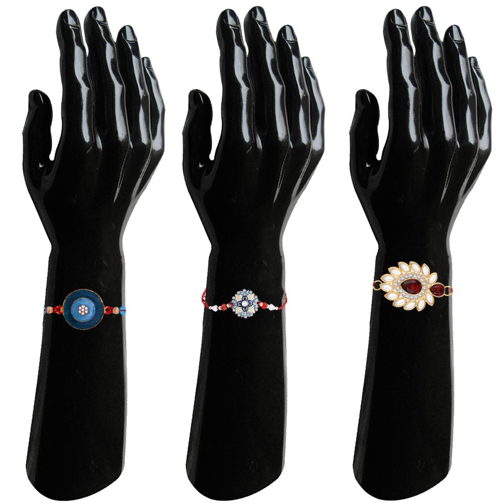 Mahi Combo of 3 Elegant Artificial Pearl, Crystals & Enamel Work Rakhis on Red Thread (RCO1105816M)