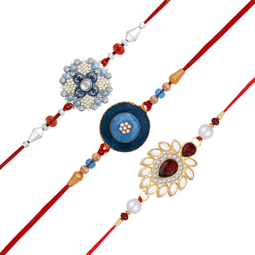Mahi Combo of 3 Elegant Artificial Pearl, Crystals & Enamel Work Rakhis on Red Thread (RCO1105816M)