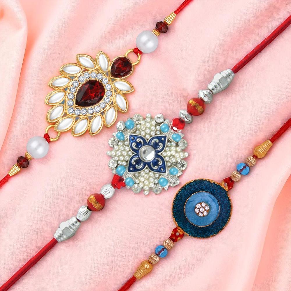 Mahi Combo of 3 Elegant Artificial Pearl, Crystals & Enamel Work Rakhis on Red Thread (RCO1105816M)