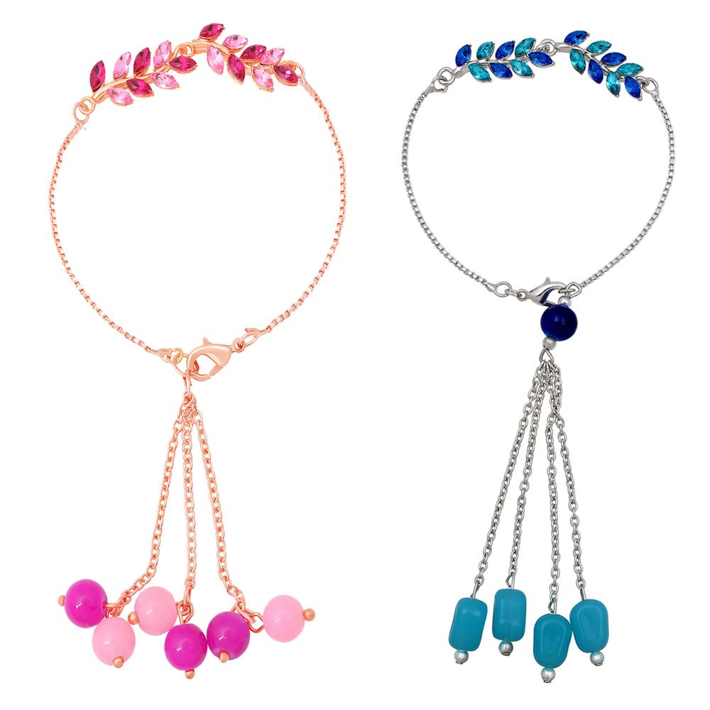 Mahi Modern Lumba Rakhi Combo Set of 2 for Bhabhi | Leaf Motif Bracelet Rakhi with Pink and Blue Tassel Beads (RCO1105817M)