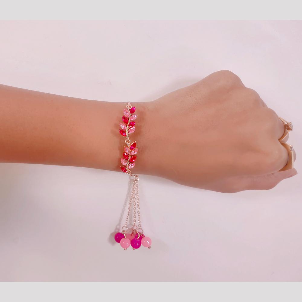 Mahi Modern Lumba Rakhi Combo Set of 2 for Bhabhi | Leaf Motif Bracelet Rakhi with Pink and Blue Tassel Beads (RCO1105817M)