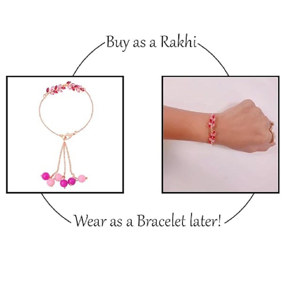 Mahi Modern Lumba Rakhi Combo Set of 2 for Bhabhi | Leaf Motif Bracelet Rakhi with Pink and Blue Tassel Beads (RCO1105817M)