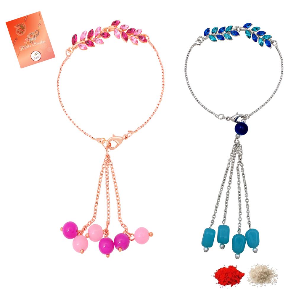 Mahi Modern Lumba Rakhi Combo Set of 2 for Bhabhi | Leaf Motif Bracelet Rakhi with Pink and Blue Tassel Beads (RCO1105817M)