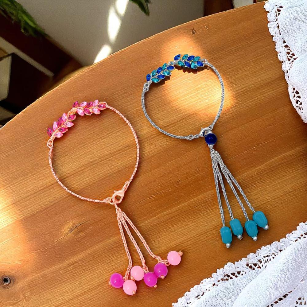 Mahi Modern Lumba Rakhi Combo Set of 2 for Bhabhi | Leaf Motif Bracelet Rakhi with Pink and Blue Tassel Beads (RCO1105817M)