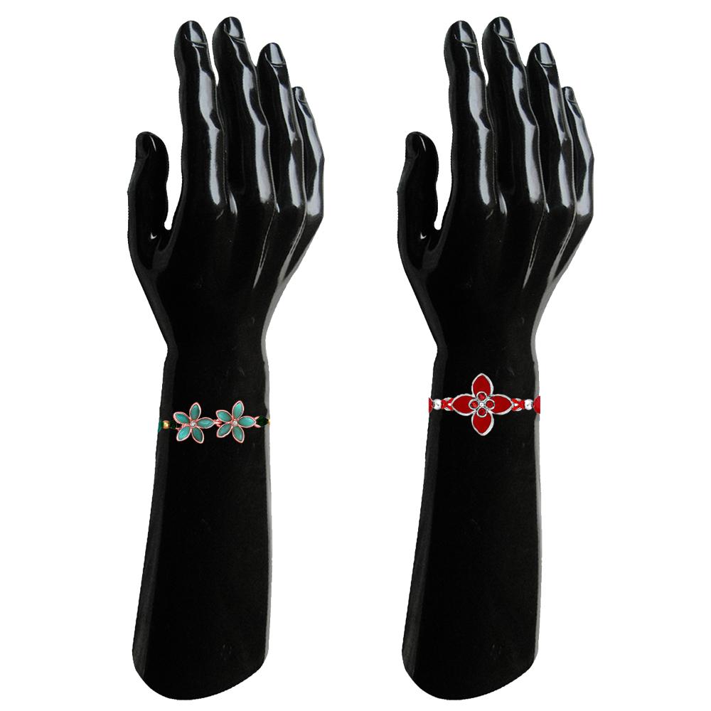 Mahi Floral Trendy Rakhi Combo Set of 2 | Red & Green Crystal Flower Rakhis with Beads for Brother (RCO1105820M)