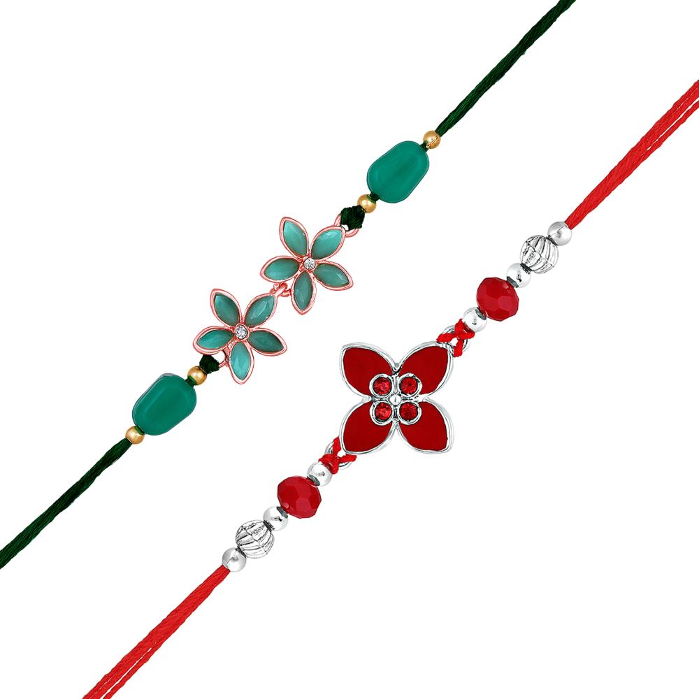 Mahi Floral Trendy Rakhi Combo Set of 2 | Red & Green Crystal Flower Rakhis with Beads for Brother (RCO1105820M)