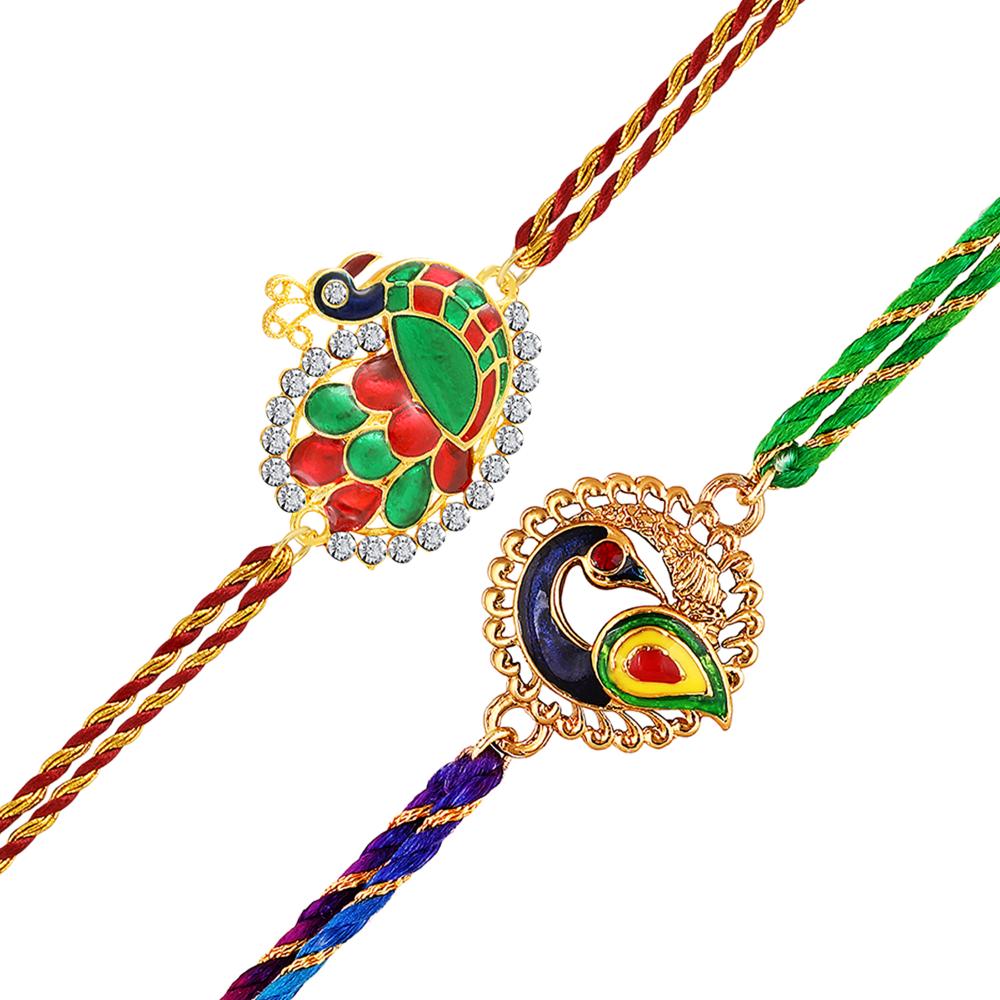 Mahi Peacock-Shaped Rakhi Combo for Brother | Set of 2 Rakhis with Meenakari Work, Crystals & Red Thread (RCO1105821G)