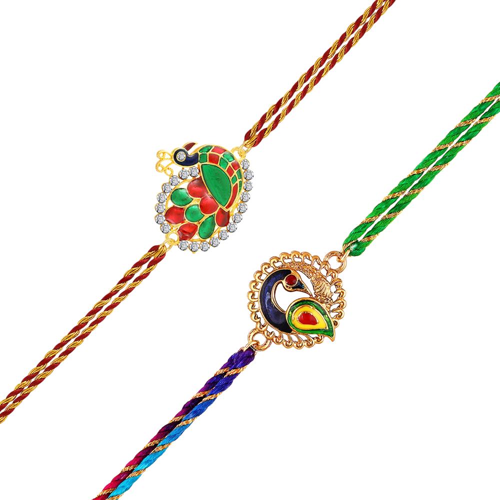 Mahi Peacock-Shaped Rakhi Combo for Brother | Set of 2 Rakhis with Meenakari Work, Crystals & Red Thread (RCO1105821G)