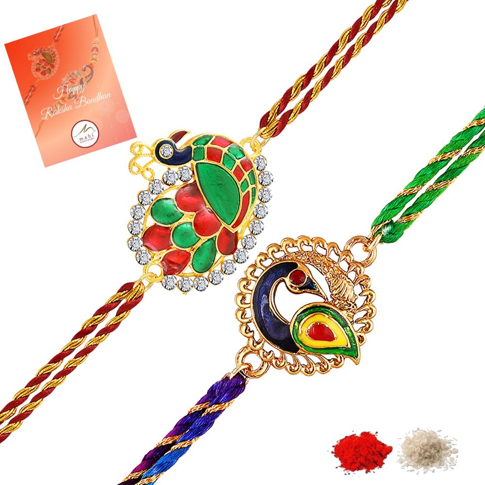 Mahi Peacock-Shaped Rakhi Combo for Brother | Set of 2 Rakhis with Meenakari Work, Crystals & Red Thread (RCO1105821G)