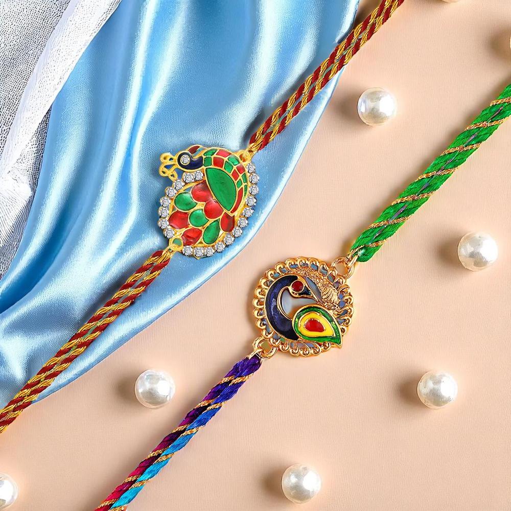 Mahi Peacock-Shaped Rakhi Combo for Brother | Set of 2 Rakhis with Meenakari Work, Crystals & Red Thread (RCO1105821G)