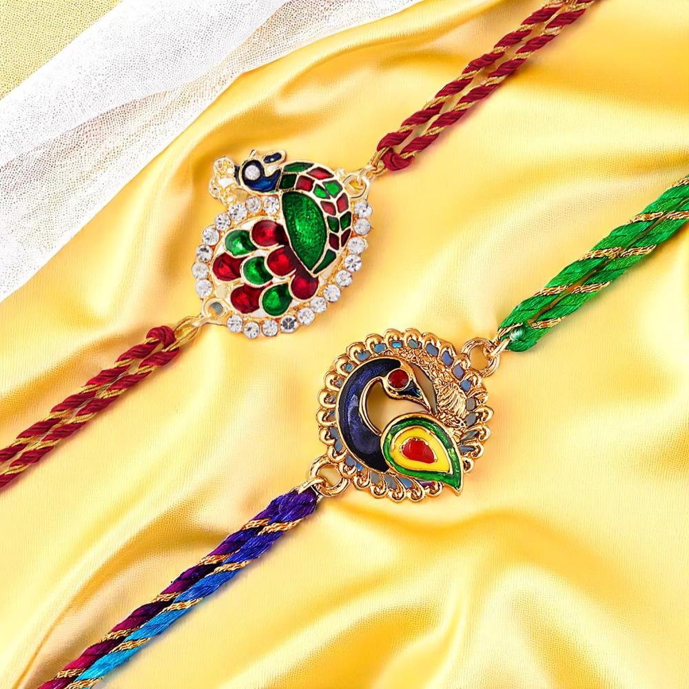 Mahi Peacock-Shaped Rakhi Combo for Brother | Set of 2 Rakhis with Meenakari Work, Crystals & Red Thread (RCO1105821G)