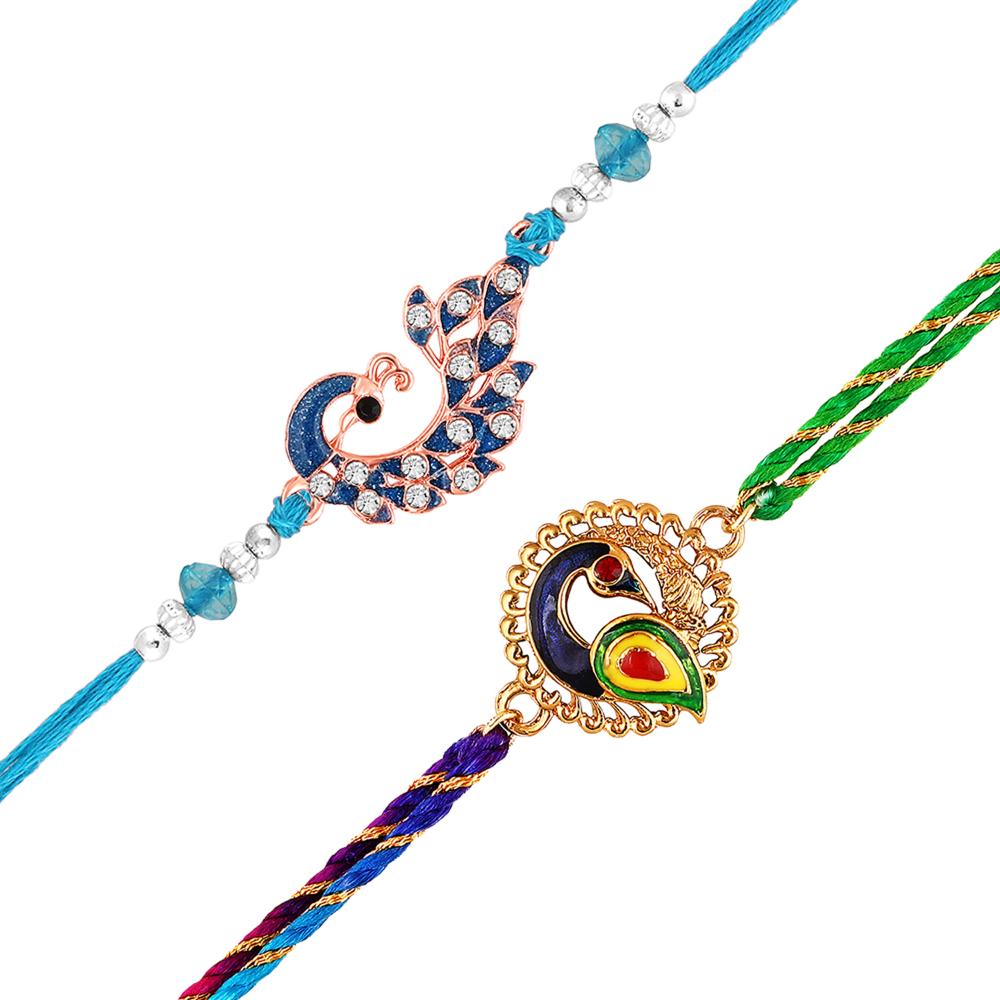 Mahi Peacock-Shaped Rakhi Combo for Brother | Set of 2 Rakhis with Meenakari Work, Crystals & Red Thread (RCO1105822M)