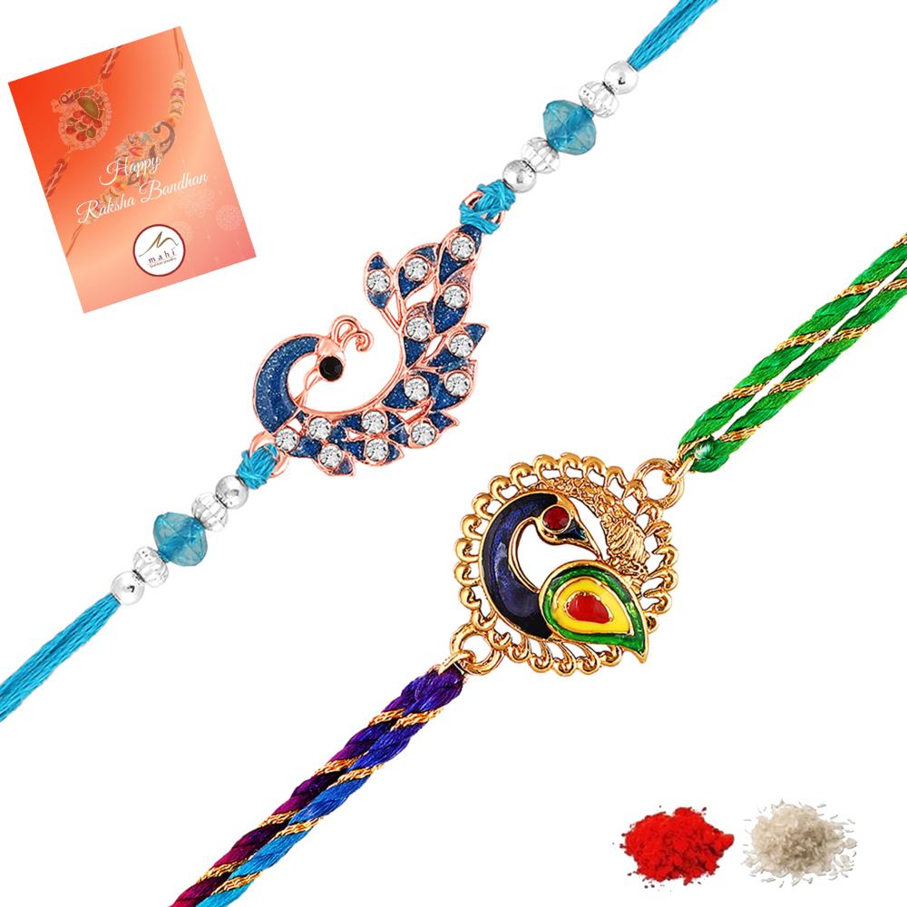 Mahi Peacock-Shaped Rakhi Combo for Brother | Set of 2 Rakhis with Meenakari Work, Crystals & Red Thread (RCO1105822M)