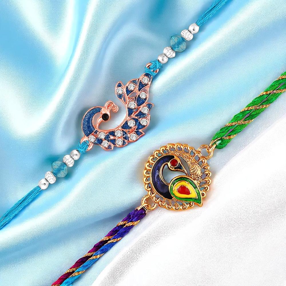 Mahi Peacock-Shaped Rakhi Combo for Brother | Set of 2 Rakhis with Meenakari Work, Crystals & Red Thread (RCO1105822M)