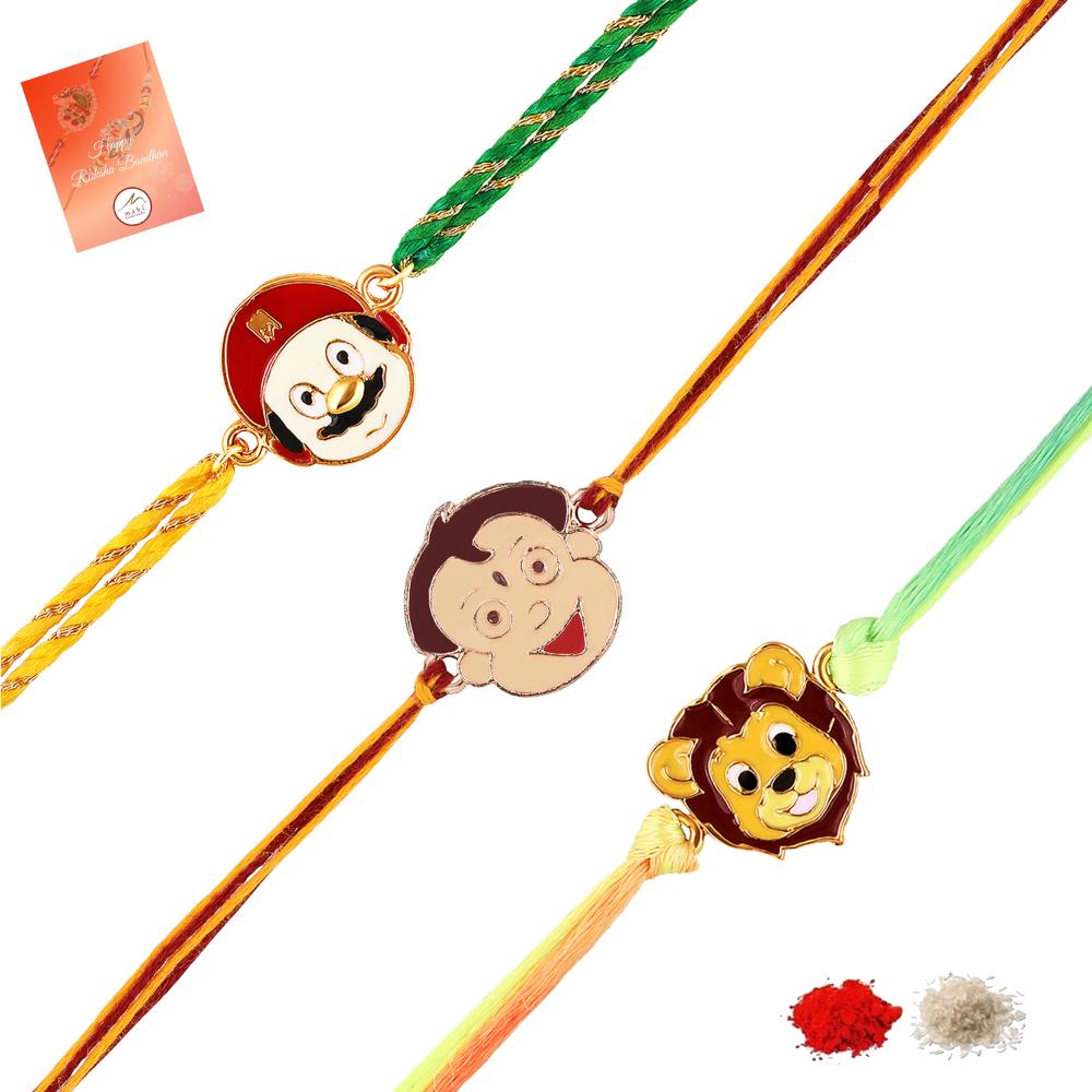 Mahi Kids Cartoon Rakhi Combo Set of 3 | Cute Character Rakhis for Boys with Superhero & Fun Faces (RCO1105825M)