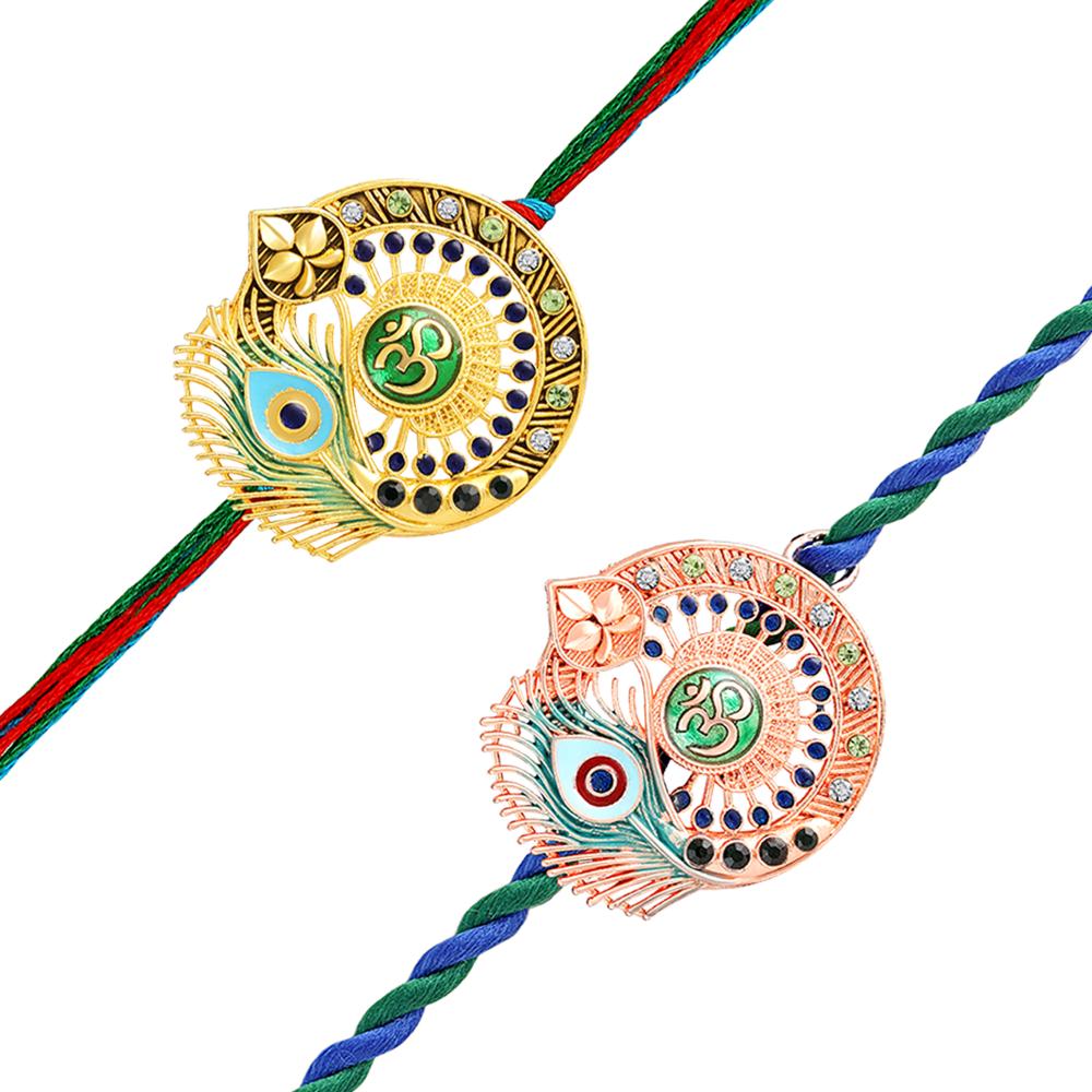 Mahi Om & Peacock-Feather-Theme Rakhi Combo Set of 2 | Rakhi with Evil Eye Charm on Braided Threads (RCO1105829M)