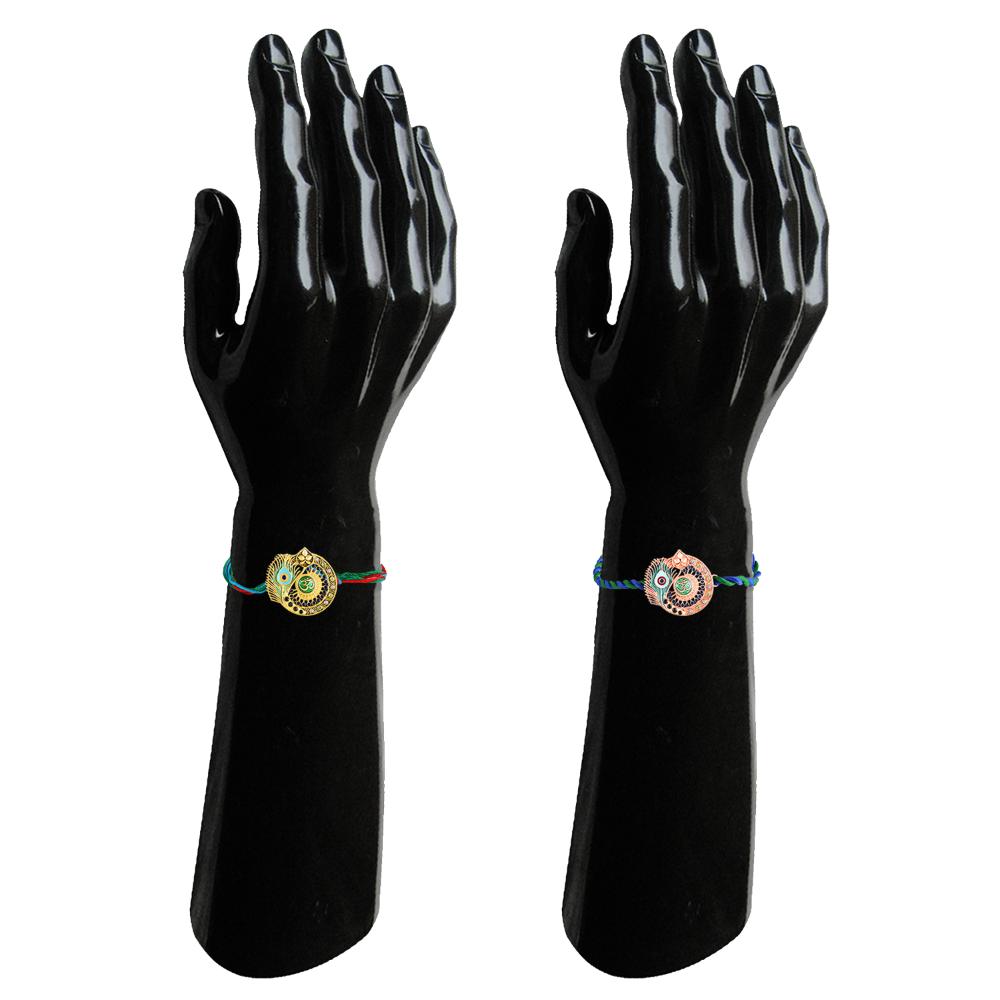 Mahi Om & Peacock-Feather-Theme Rakhi Combo Set of 2 | Rakhi with Evil Eye Charm on Braided Threads (RCO1105829M)