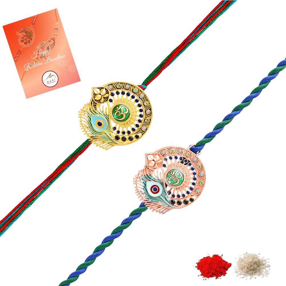 Mahi Om & Peacock-Feather-Theme Rakhi Combo Set of 2 | Rakhi with Evil Eye Charm on Braided Threads (RCO1105829M)