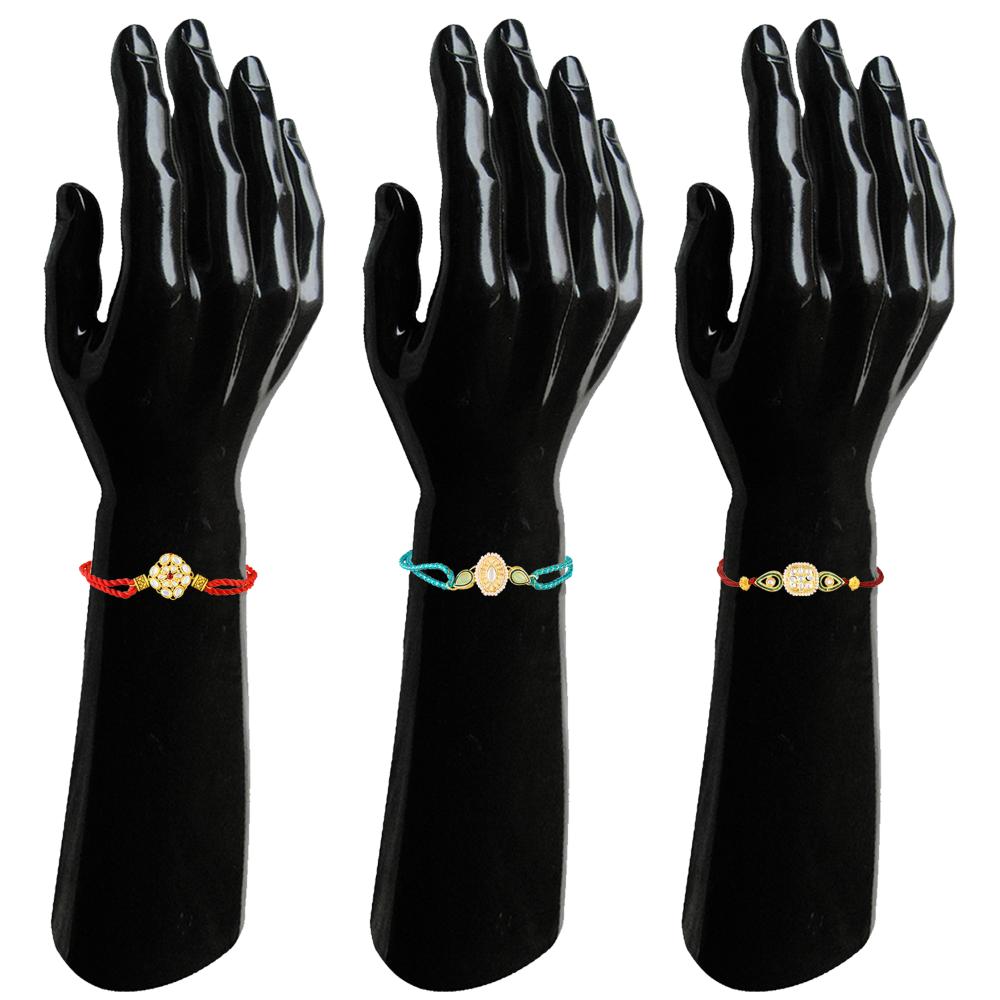 Mahi Traditional Kundan Rakhi Combo Set of 3 for Brother | Designer Rakhis with Pearl, Meenakari Work (RCO1105830G)