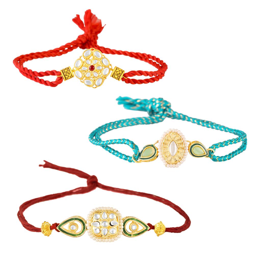 Mahi Traditional Kundan Rakhi Combo Set of 3 for Brother | Designer Rakhis with Pearl, Meenakari Work (RCO1105830G)