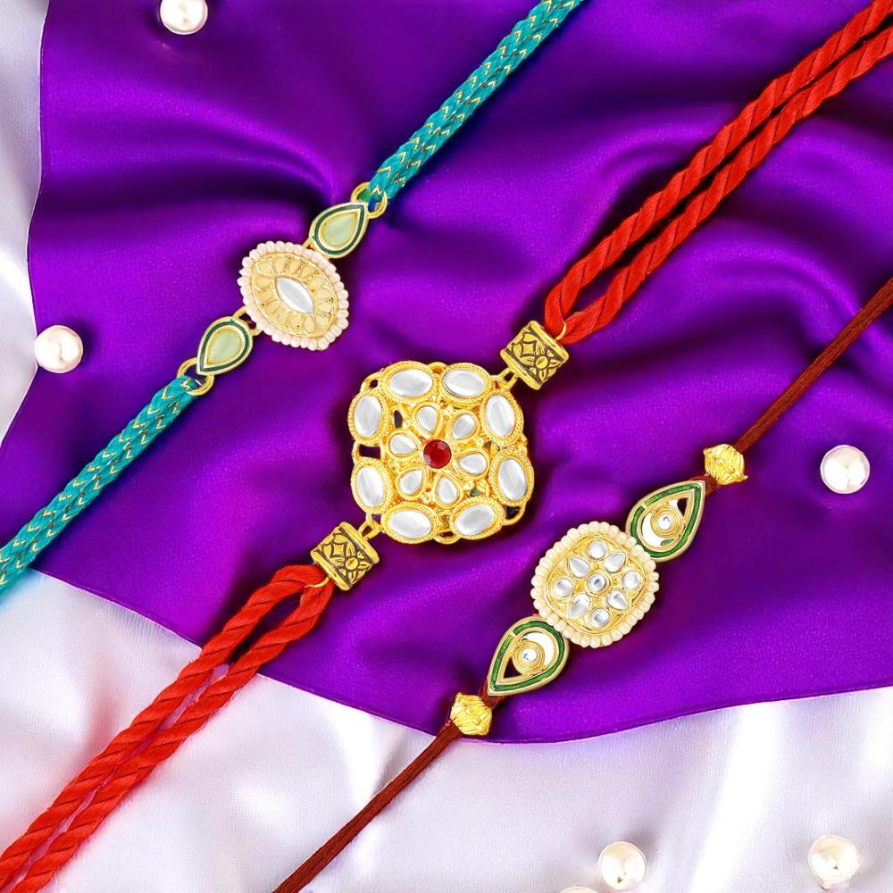 Mahi Traditional Kundan Rakhi Combo Set of 3 for Brother | Designer Rakhis with Pearl, Meenakari Work (RCO1105830G)