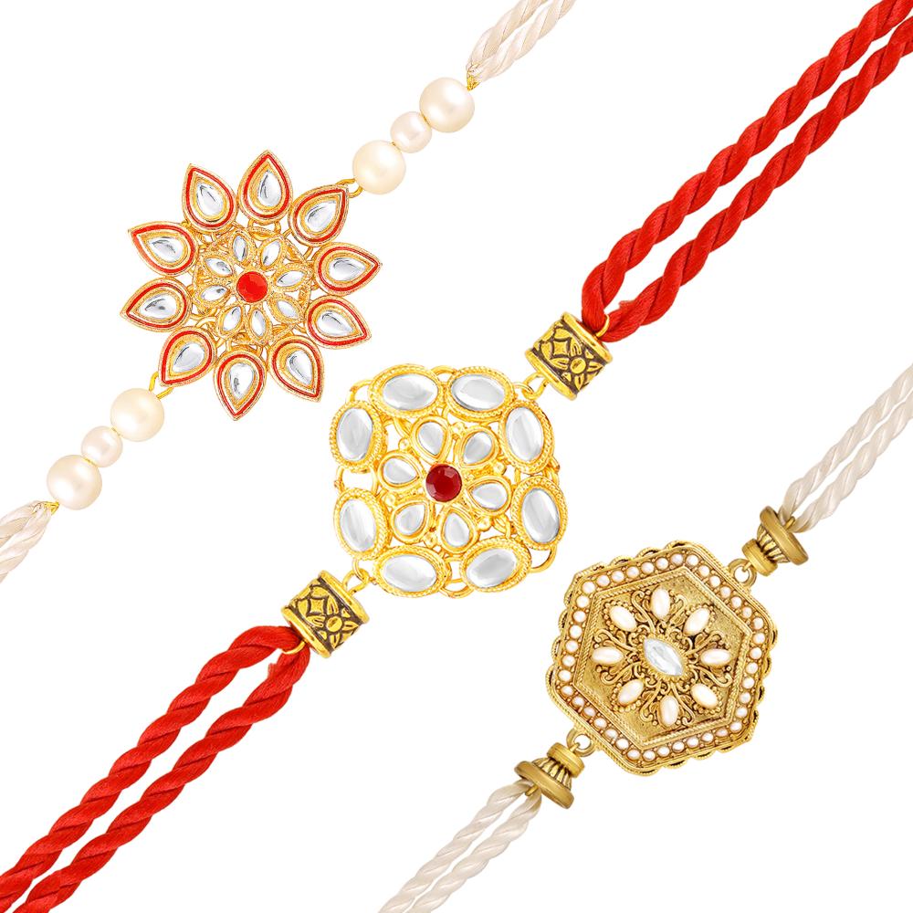 Mahi Royal Kundan Rakhi Combo Set of 3 for Brother | Traditional Artificial Pearl & Meenakari Fancy Rakhis (RCO1105831G)