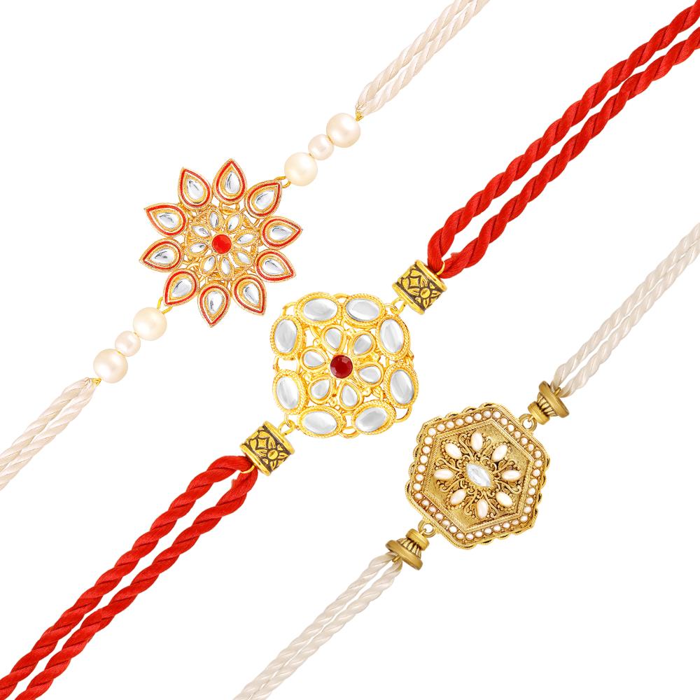 Mahi Royal Kundan Rakhi Combo Set of 3 for Brother | Traditional Artificial Pearl & Meenakari Fancy Rakhis (RCO1105831G)
