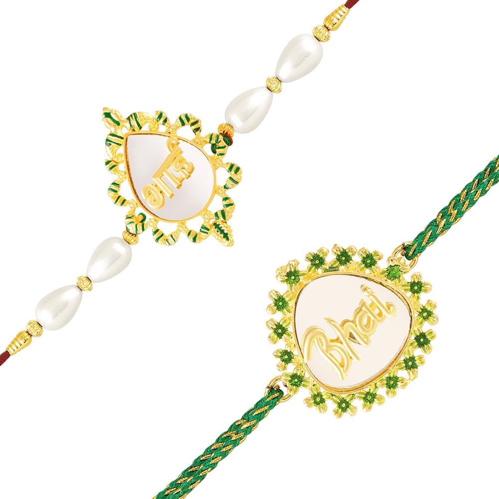 Mahi Gold Tone Bhai & Engraved Rakhi Combo Set of 2 with Green Floral Border (RCO1105832G)
