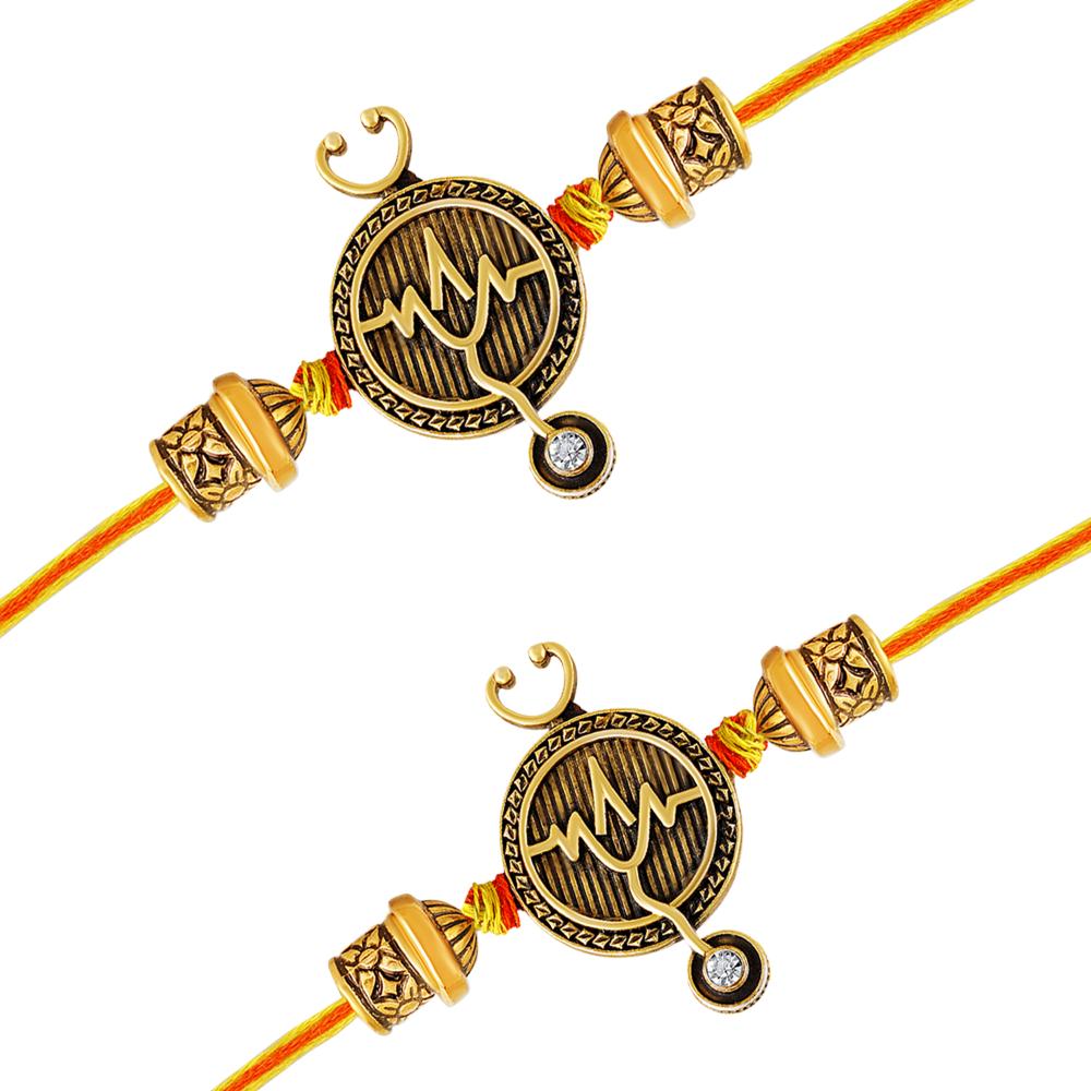 Mahi Doctor Theme Rakhi Combo Set of 2 for Brother | Stethoscope & Heartbeat Design in Antique Gold Finish (RCO1105833G)