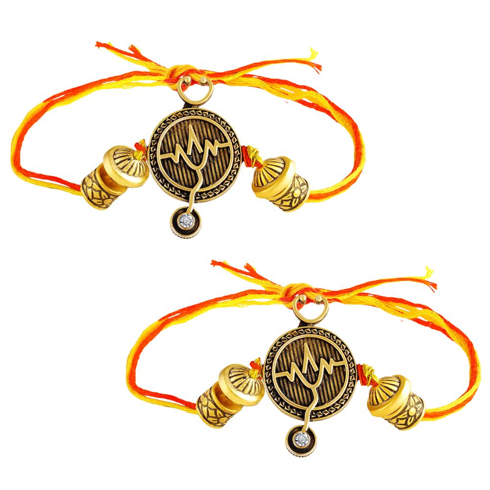 Mahi Doctor Theme Rakhi Combo Set of 2 for Brother | Stethoscope & Heartbeat Design in Antique Gold Finish (RCO1105833G)