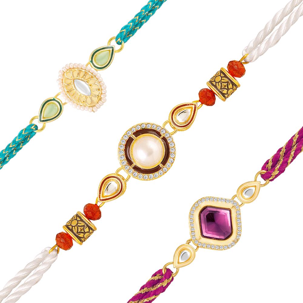 Mahi Elegant Rakhi Combo Set of 3 for Brother | Artificial Pearl, Kundan & Stone Fancy Rakhis (RCO1105834G)
