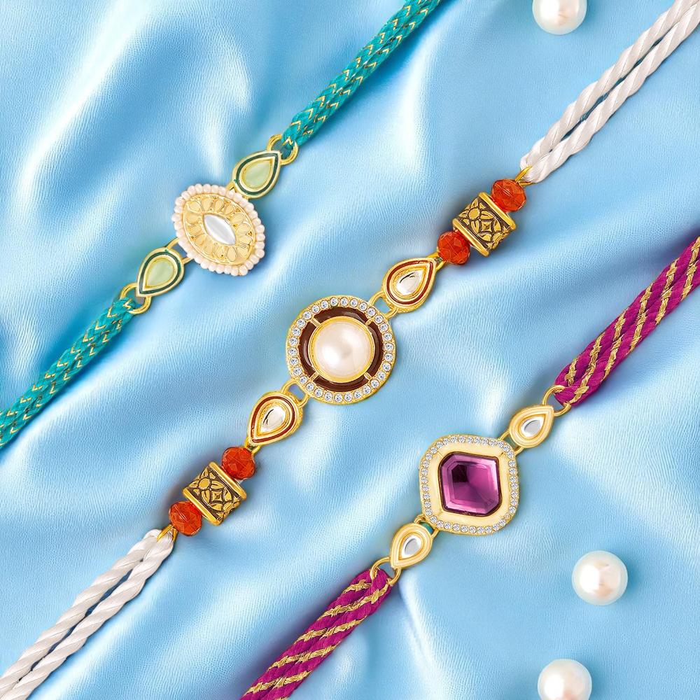 Mahi Elegant Rakhi Combo Set of 3 for Brother | Artificial Pearl, Kundan & Stone Fancy Rakhis (RCO1105834G)