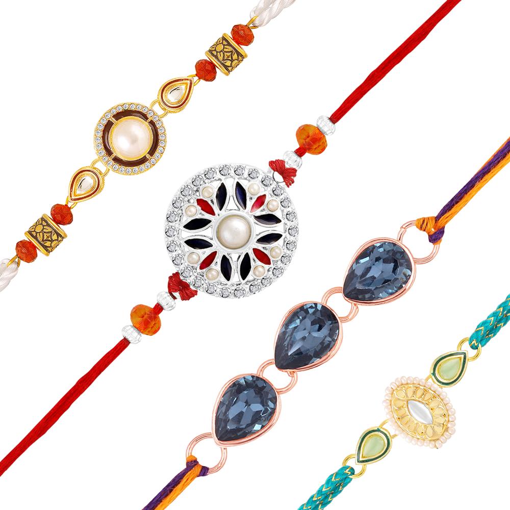 Mahi Fancy Rakhi Combo Set of 4 for Brother | Rakhis with Artificial Pearl & Multicolor Crystals (RCO1105835M)