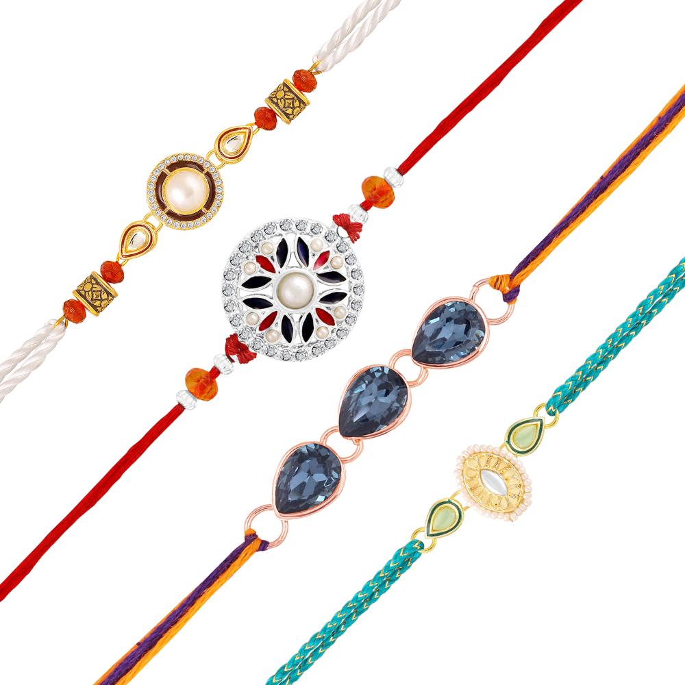 Mahi Fancy Rakhi Combo Set of 4 for Brother | Rakhis with Artificial Pearl & Multicolor Crystals (RCO1105835M)