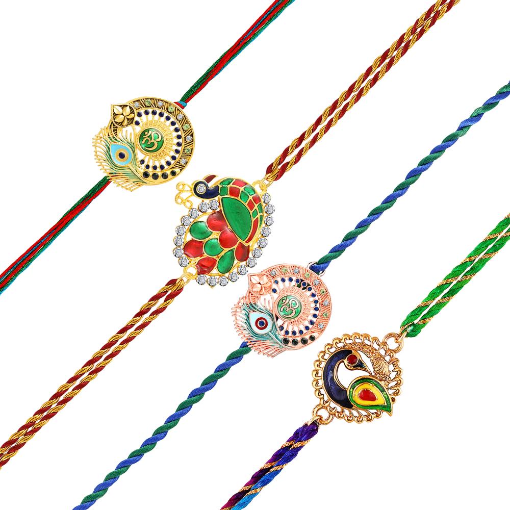 Mahi Om & Peacock-Feather-Theme Rakhi Combo Set of 4 | Rakhi with Evil Eye Charm on Braided Threads (RCO1105836M)