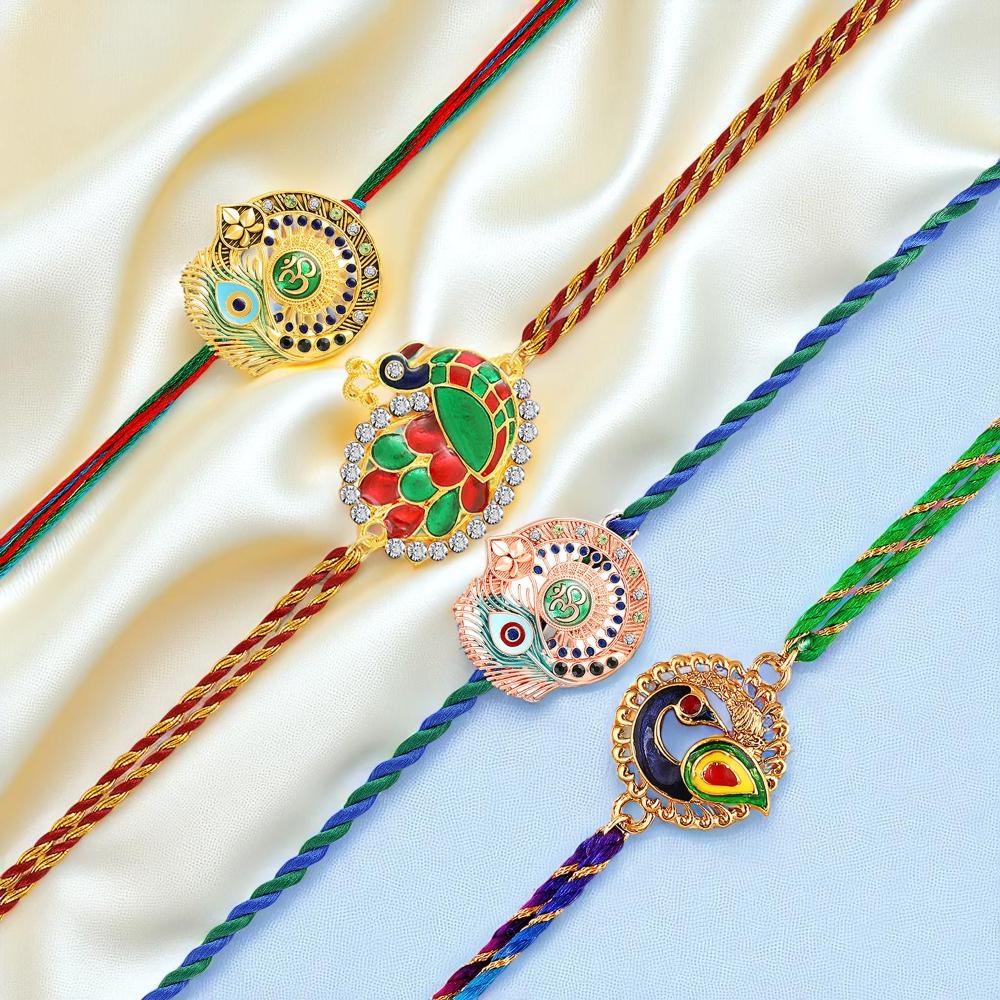 Mahi Om & Peacock-Feather-Theme Rakhi Combo Set of 4 | Rakhi with Evil Eye Charm on Braided Threads (RCO1105836M)