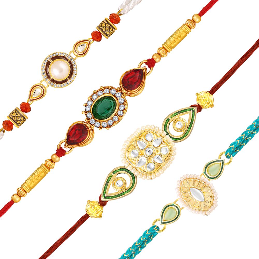 Mahi Trendy Rakhi Combo Set of 4 for Brother | Traditional Theme, Crystals and Artificial Pearl Rakhis (RCO1105837G)